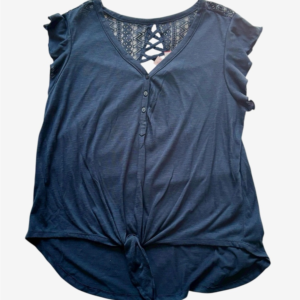 No Boundaries Navy Short Sleeve Knotted Top